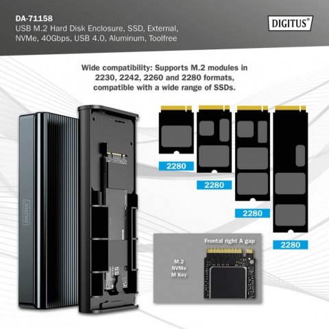 Digitus Obudowa USB 4.0 Typ C na dysk SSD M.2 NVMe 40 Gbps aluminiowa, beznarzędziowa