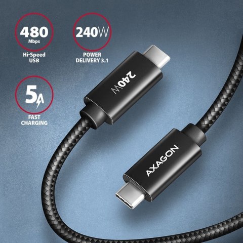 Axagon BUCM2-CM25AB Ladekabel USB-C zu USB-C 2.0, 2,5 m, PD 240 W 5 A, ALU - Schwarz - 2,5 Meter langes USB-C zu USB-C Kabel kab Axagon