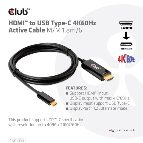 CLUB3D CAC-1334 adapter kablowy 1,8 m HDMI Typu A (Standard) USB Type-C CLUB3D