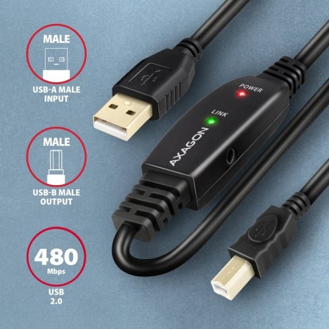 Axagon ADR-210B USB 2.0 A-M -> B-M active connecting/repeater cable 10m - Kabel - Digital/Daten kabel USB USB A USB B Czarny Axagon