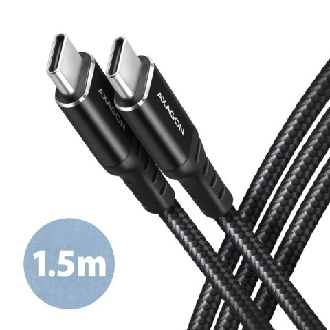 Axagon Data and charging USB 2.0 cable 1.5 m long. PD 60W, 3A. Black braided. kabel USB 1,5 m USB C Czarny Axagon