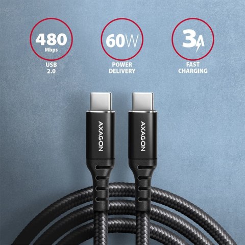 Axagon Data and charging USB 2.0 cable 1.5 m long. PD 60W, 3A. Black braided. kabel USB 1,5 m USB C Czarny Axagon