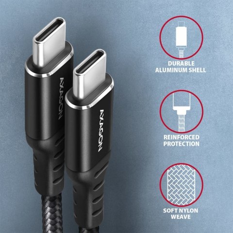 Axagon Data and charging USB 2.0 cable 1.5 m long. PD 60W, 3A. Black braided. kabel USB 1,5 m USB C Czarny Axagon