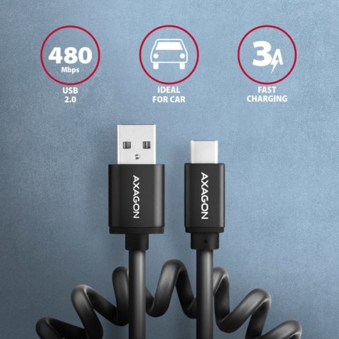 Axagon Data and charging USB 2.0 cable length 1.1 m. 3A. Black twisted. kabel USB 1,1 m USB A USB C Czarny Axagon