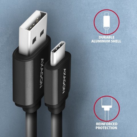 Axagon Data and charging USB 2.0 cable length 1.1 m. 3A. Black twisted. kabel USB 1,1 m USB A USB C Czarny Axagon