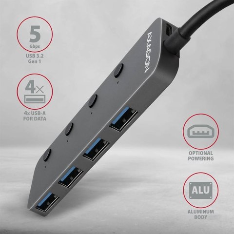 Axagon HUE-MSA Superspeed USB-A Switch Hub 4x USB 3.0 aktiv - 20cm schwarz USB 3.2 Gen 1 (3.1 Gen 1) Type-A 5000 Mbit/s Szary Axagon