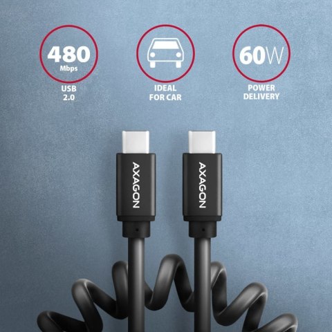 Axagon Data and charging USB 2.0 cable 1.1 m long. PD 60W, 3A. Black twisted. kabel USB 1,1 m USB C Czarny Axagon