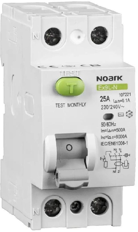 WYŁĄCZNIK RÓŻNICOWOPRĄDOWY, 6 KA, 25A, 30MA, 2P TYP AC EX9L-N Noark 108314 NOARK