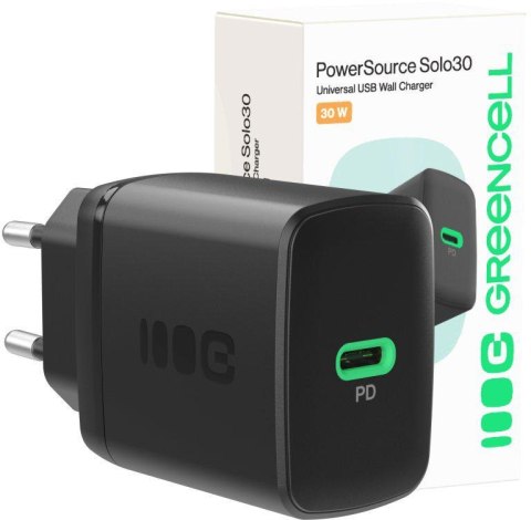 ŁADOWARKA SIECIOWA Greencell PowerSource Solo30 30W 1xUSB-C PD 3.0 QC 4.0+ czarna GREEN CELL