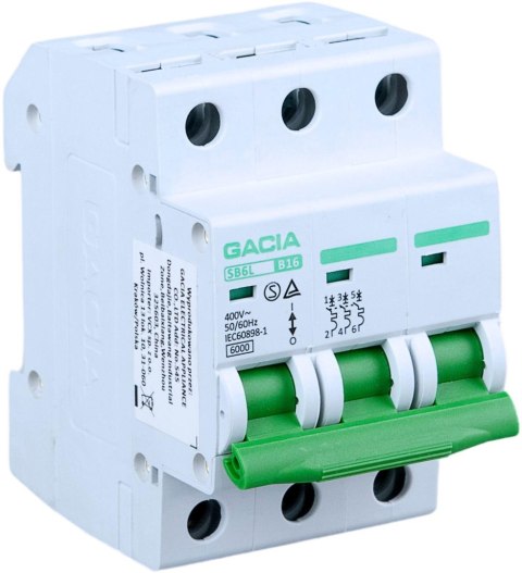 Wyłącznik nadmiarowoprądowy,6kA,B,3-pola,20A GACIA SB6L B 3P 20A GACIA
