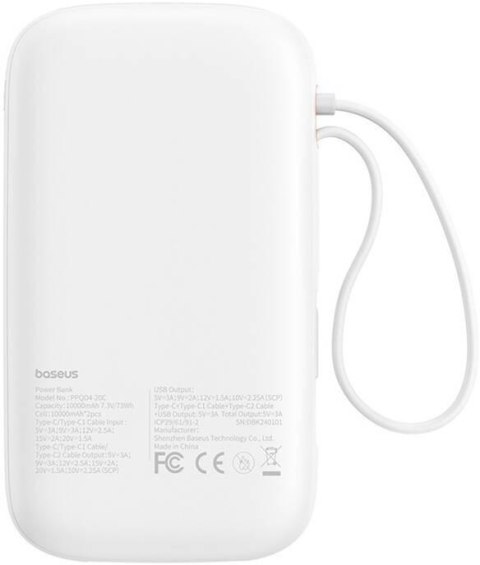 Powerbank Baseus QPow 2 10000mAh 30W z 2 wbudowanymi kablami USB-C - biały BASEUS