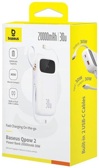 Powerbank Baseus QPow 2 10000mAh 30W z 2 wbudowanymi kablami USB-C - biały BASEUS
