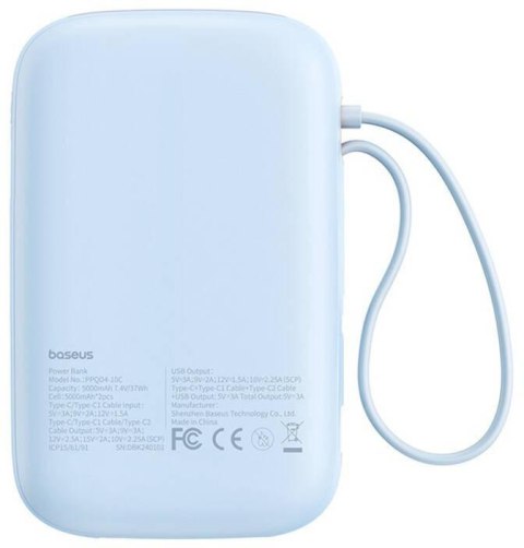 Powerbank Baseus QPow 2 10000mAh 30W z 2 wbudowanymi kablami USB-C - niebieski BASEUS