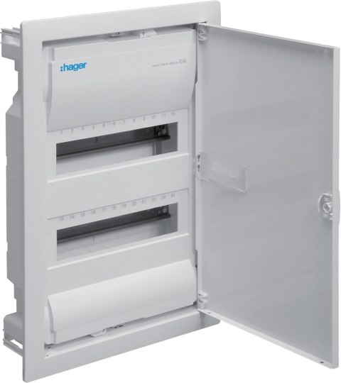 Rozdzielnica podtynkowa z drzwiami metalowymi, 2 rzędy, 24 moduły, IP30, QC, HAGER Volta VU24AT HAGER