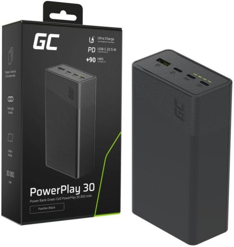 POWERBANK Greencell PowerPlay 30 30000mAh SZYBKIE ŁADOWANIE 22,5W 3x USB-C PD 1x USB-A GREEN CELL