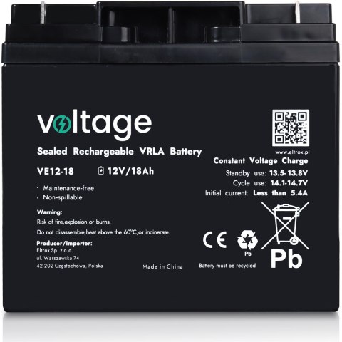 Akumulator AGM Voltage 12V 18Ah VE12-18 (Żywotność 6-9 lat) VOLTAGE