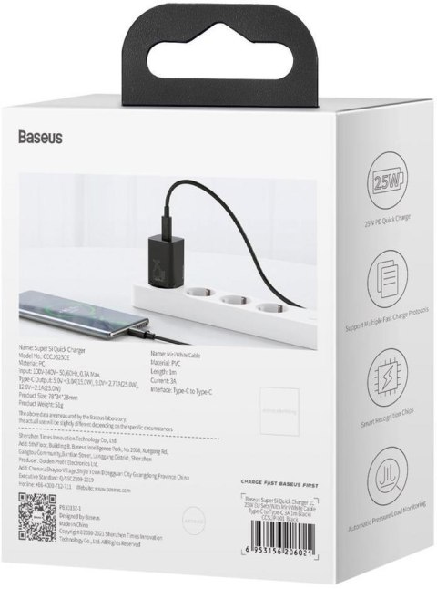 ŁADOWARKA SIECIOWA Baseus Super Si Quick Charger 1C TZCCSUP-L01 25W 1x USB-C PD 3.0 QC 3.0 + KABEL BASEUS