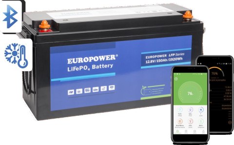 Akumulator LiFePO4 EUROPOWER serii LFP 12,8V 150Ah Bluetooth, mata grzewcza (Żywotność ~2000 cykli) EUROPOWER
