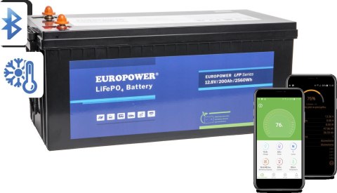 Akumulator LiFePO4 EUROPOWER serii LFP 12,8V 200Ah Bluetooth, mata grzewcza (Żywotność ~2000 cykli) EUROPOWER