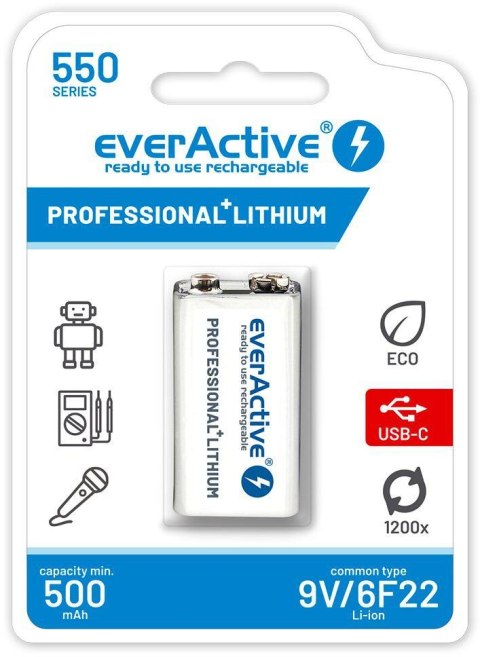Akumulatorek 6F22 Li-Ion everActive 9V 550mAh z gniazdem USB-C EVERACTIVE