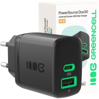 ŁADOWARKA SIECIOWA Greencell PowerSource Duo30 30W 1xUSB-C 1xUSB-A PD 3.0 QC 4.0+ czarna GREEN CELL