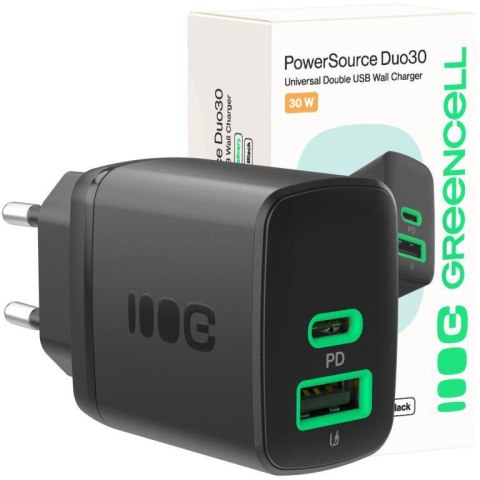 ŁADOWARKA SIECIOWA Greencell PowerSource Duo30 30W 1xUSB-C 1xUSB-A PD 3.0 QC 4.0+ czarna GREEN CELL