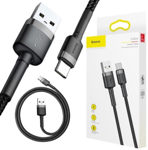 KABEL USB-A / USB-C Baseus Cafule CATKLF-BG1 100cm 3A QC 3.0 CZARNO-SZARY W NYLONOWYM OPLOCIE BASEUS