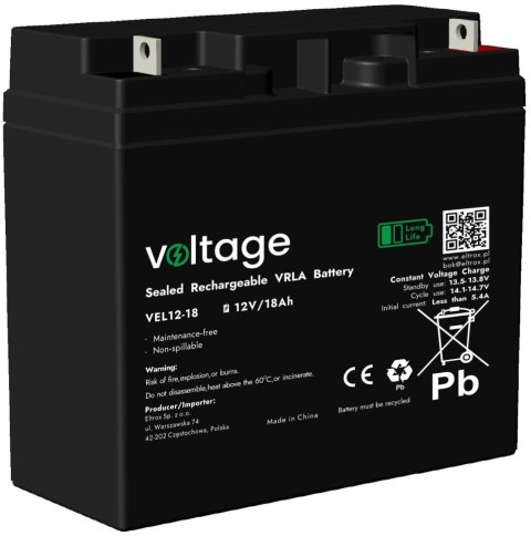 Akumulator AGM Voltage Long Life 12V 18Ah VEL12-18 (Żywotność 15 lat) VOLTAGE