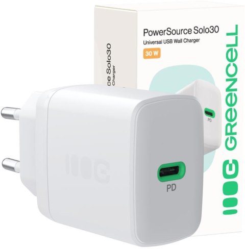ŁADOWARKA SIECIOWA Greencell PowerSource Solo30 30W 1xUSB-C PD 3.0 QC 4.0+ biała GREEN CELL