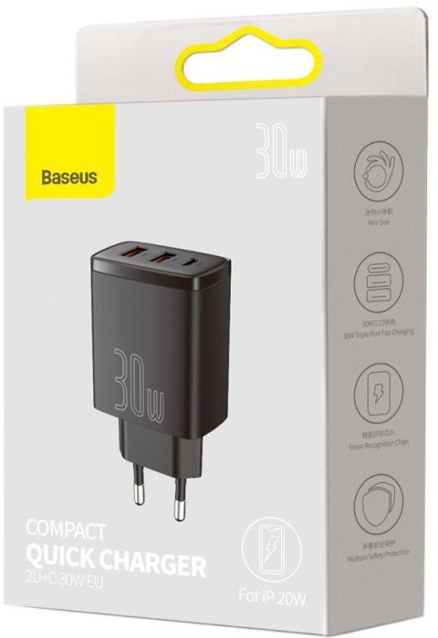 ŁADOWARKA SIECIOWA Baseus Compact Quick Charger CCXJ-E01 30W 2x USB-A 1x USB-C PD 3.0 QC 3.0 CZARNA BASEUS