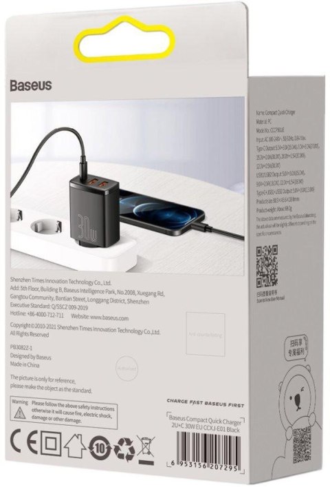 ŁADOWARKA SIECIOWA Baseus Compact Quick Charger CCXJ-E01 30W 2x USB-A 1x USB-C PD 3.0 QC 3.0 CZARNA BASEUS