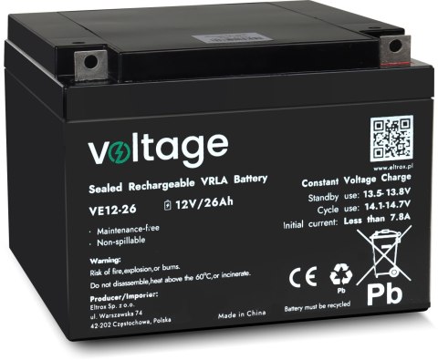 Akumulator AGM Voltage 12V 26Ah VE12-26 (Żywotność 6-9 lat) VOLTAGE