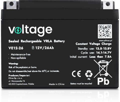 Akumulator AGM Voltage 12V 26Ah VE12-26 (Żywotność 6-9 lat) VOLTAGE