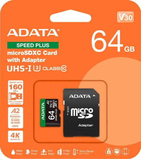 Adata Karta pamięci microSD Speed Plus 64GB UHS1 U3 V30 A2 160/140 MB/s ADATA