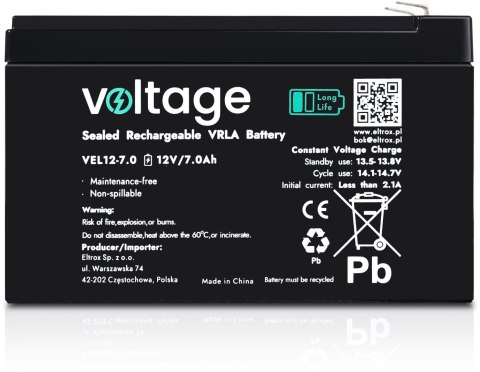 Akumulator AGM Voltage Long Life 12V 7Ah VEL12-7.0 (Żywotność 15 lat) VOLTAGE