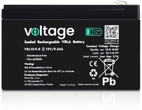Akumulator AGM Voltage Long Life 12V 9Ah VEL12-9.0 (Żywotność 15 lat) VOLTAGE