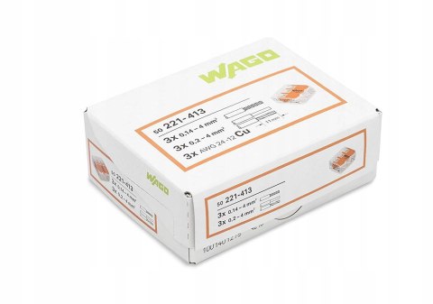 Szybkozłączka uniwersalna LINKA/DRUT 3x 0,2-4mm2 WAGO 221-413 (Paczka 50szt.) WAGO