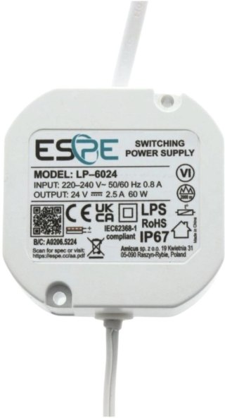 ZASILACZ IMPULSOWY DOPUSZKOWY ESPE LP-6024 24V/60W/2.5A IP67 ESPE