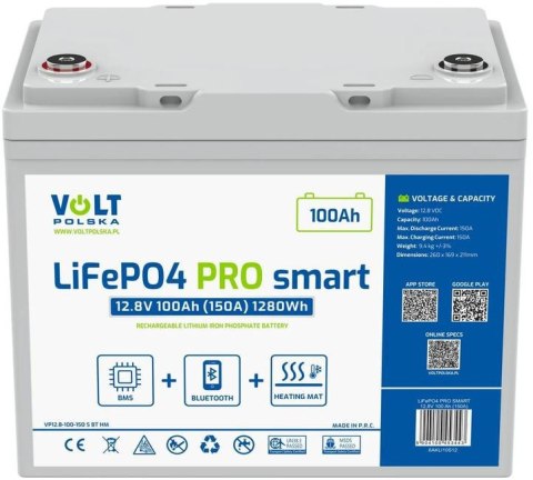 Akumulator LiFePO4 Volt Polska PRO SMART 12,8V 100 Ah (150A) BMS BLUETOOTH + MATA GRZEWCZA VOLT POLSKA