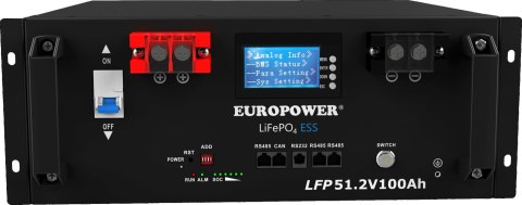 Magazyn energii LiFePO4 EUROPOWER serii LFP 51,2V 100Ah BMS, LCD (Żywotność ~5000 cykli) + STOJAK EUROPOWER
