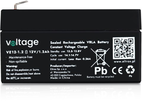 Akumulator AGM Voltage 12V 1,2Ah VE12-1.2 (Żywotność 6-9 lat) VOLTAGE