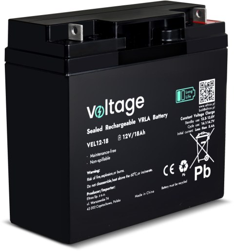 Akumulator AGM Voltage Long Life 12V 18Ah VEL12-18 (Żywotność 15 lat) VOLTAGE