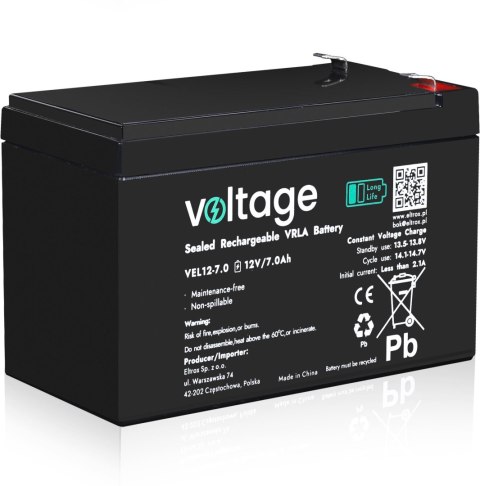 Akumulator AGM Voltage Long Life 12V 7Ah VEL12-7.0 (Żywotność 15 lat) VOLTAGE