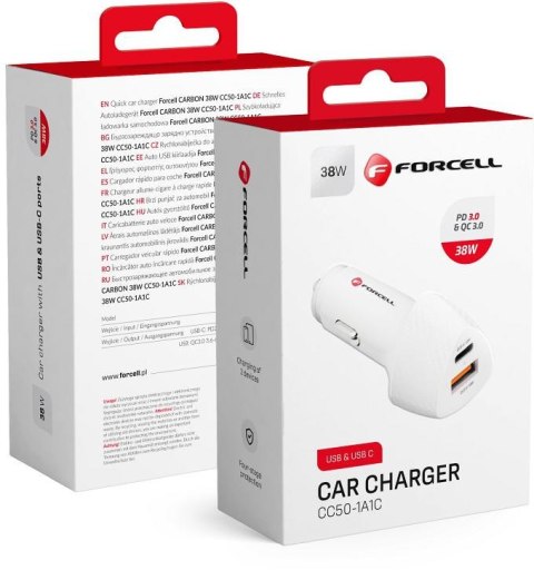 ŁADOWARKA SAMOCHODOWA Forcell Carbon CC50-1A1C 38 W 1x USB-C 1x USB-A PD 3.0 QC 3.0 BIAŁA FORCELL