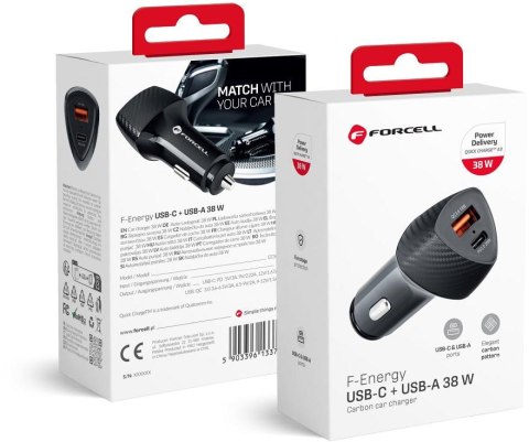 ŁADOWARKA SAMOCHODOWA Forcell Carbon CC50-1A1C 38 W 1x USB-C 1x USB-A PD 3.0 QC 3.0 CZARNA FORCELL