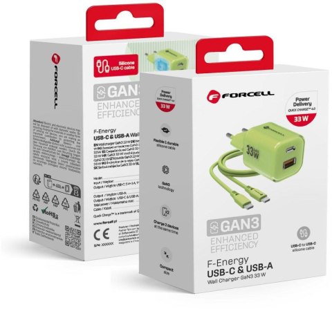 ŁADOWARKA SIECIOWA Forcell F-Energy GaN III VT-41 33 W 1x USB-C 1x USB-A PD 3.0 QC 4.0 ZIELONA FORCELL