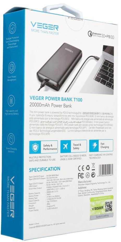 Powerbank Veger 20000 mAh 100 W PD QC 3.0 USB-A 2x USB-C czarny VEGER