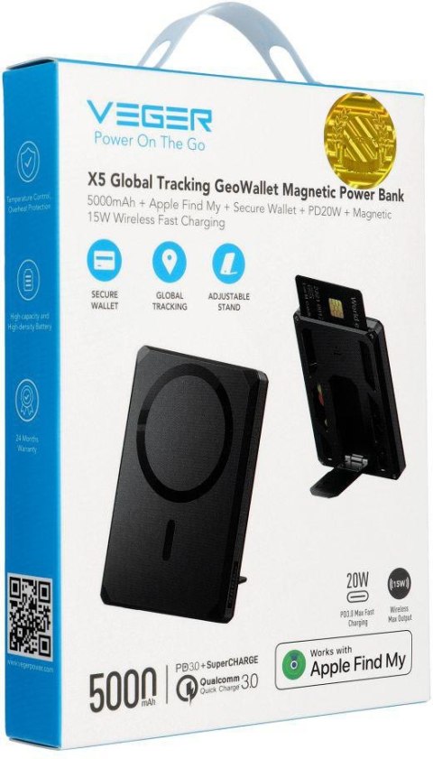 Powerbank Veger GeoWallet Tracker X5 5000 mAh 20 W PD QC 3.0 MFi MagSafe USB-C czarny VEGER