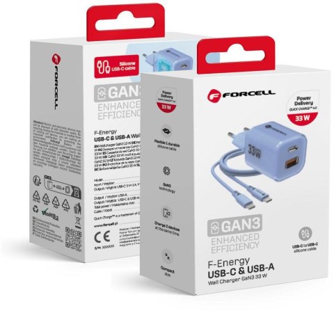 ŁADOWARKA SIECIOWA Forcell F-Energy GaN III VT-41 33 W 1x USB-C 1x USB-A PD 3.0 QC 4.0 NIEBIESKA FORCELL