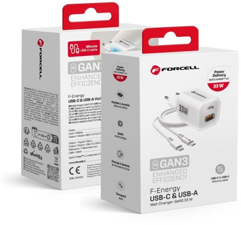 ŁADOWARKA SIECIOWA Forcell F-Energy GaN III VT-41 33 W 1x USB-C 1x USB-A PD 3.0 QC 4.0 BIAŁA FORCELL